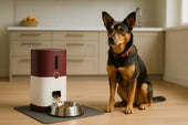 Dog using automatic feeder