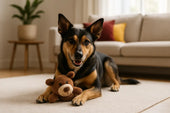 Dog with plush toy