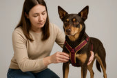 Owner fitting dog harness