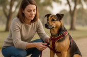 Dog wearing harness outdoors