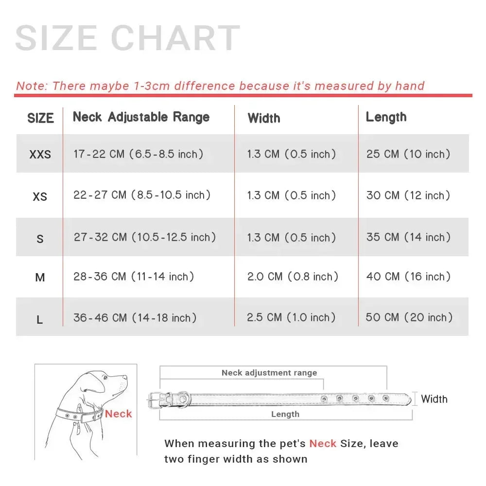 Cat dog collar with different size chart