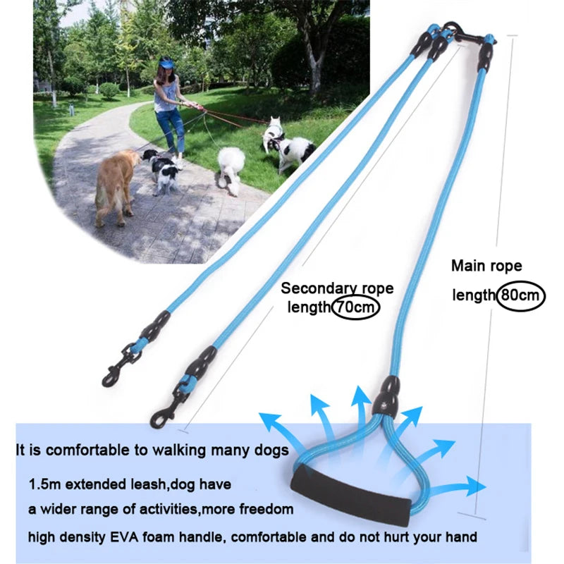 Dog Leash Double Dual Nylon Rope for up to 4 dogs