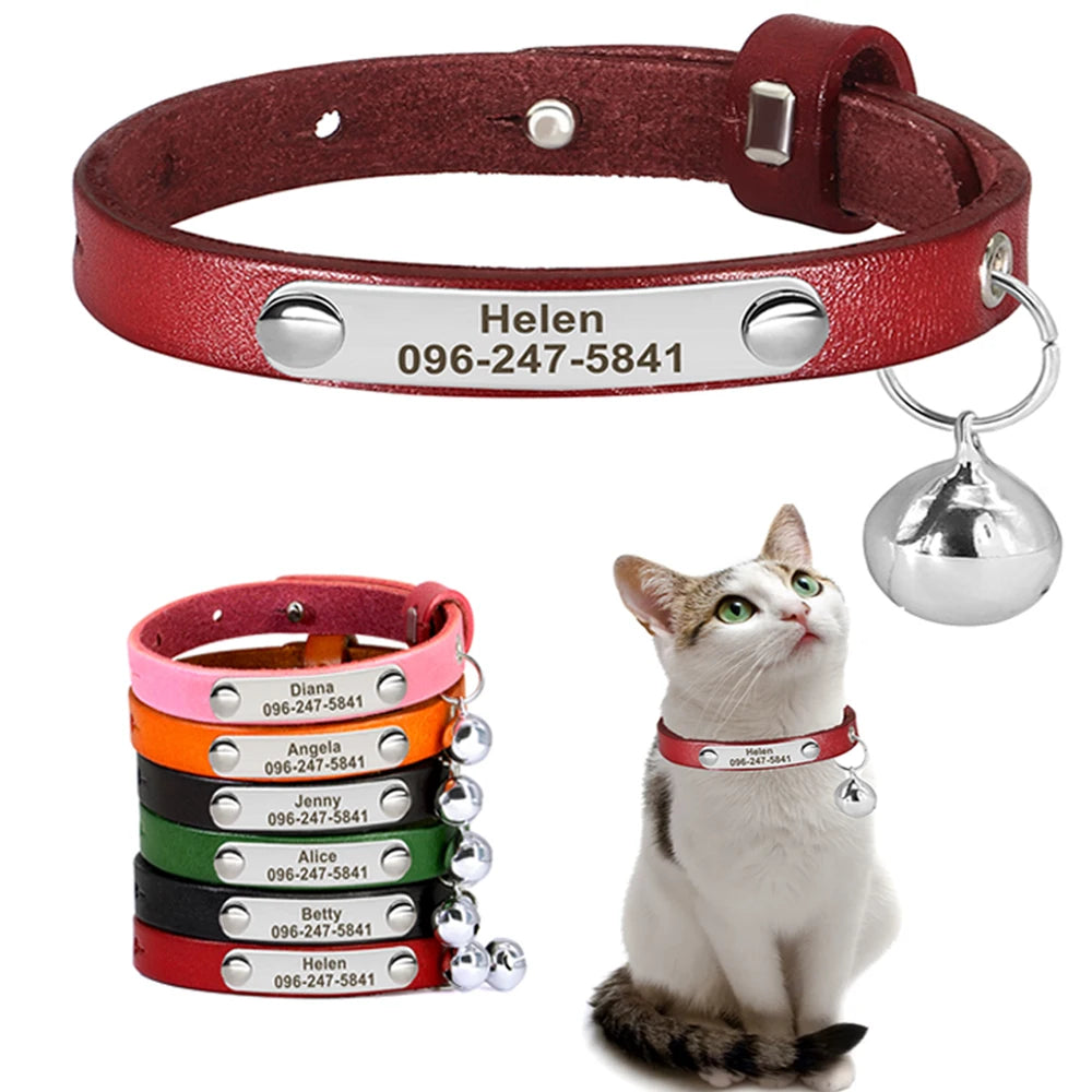 Personalized Cat Collar Adjustable Leather Name Collar