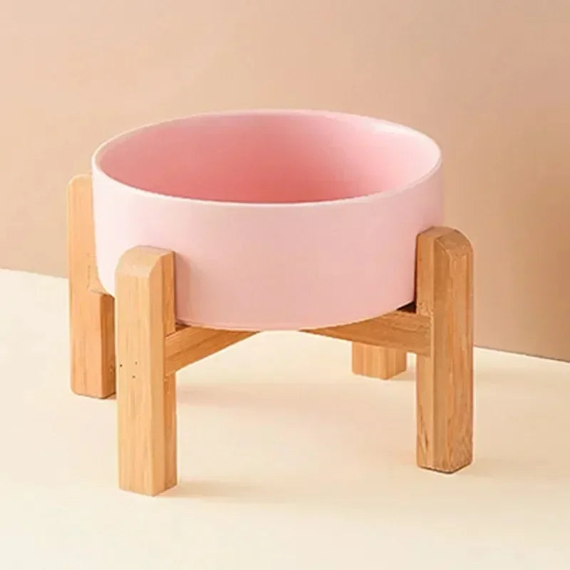 Elevated Ceramic Big Dogs Bowl with Wooden Stand