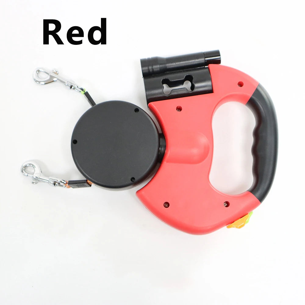 Retractable Dual Dog Leash with LED Light and Poo Bag Holder for Small Dogs