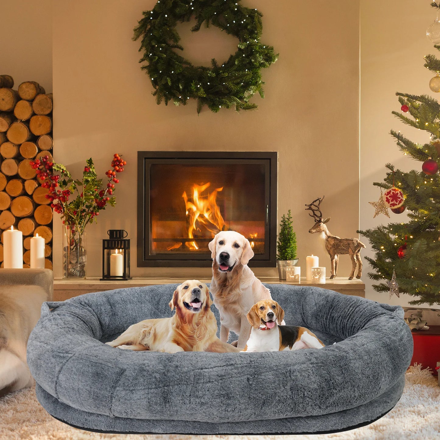 Large Human Dog Bed with Washable Fur Cover and Blanket