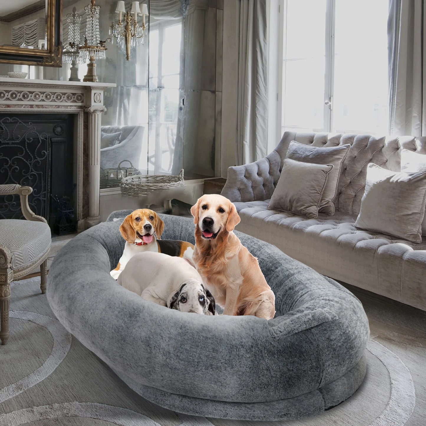 Large Human Dog Bed with Washable Fur Cover and Blanket