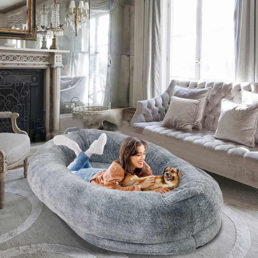 Large Human Dog Bed with Washable Fur Cover and Blanket