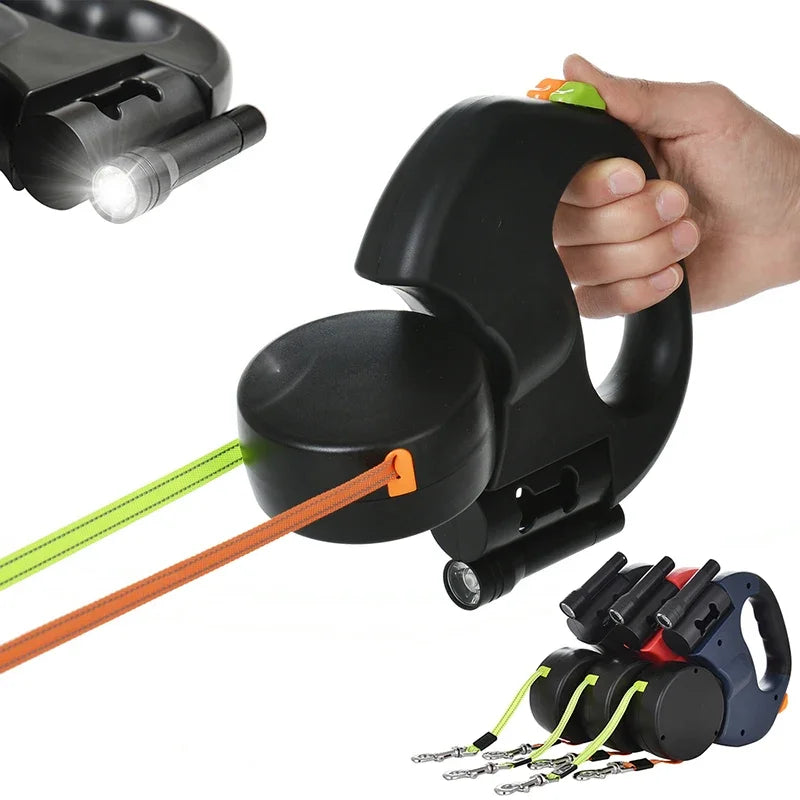 Retractable Dual Dog Leash with LED Light and Poo Bag Holder for Small Dogs