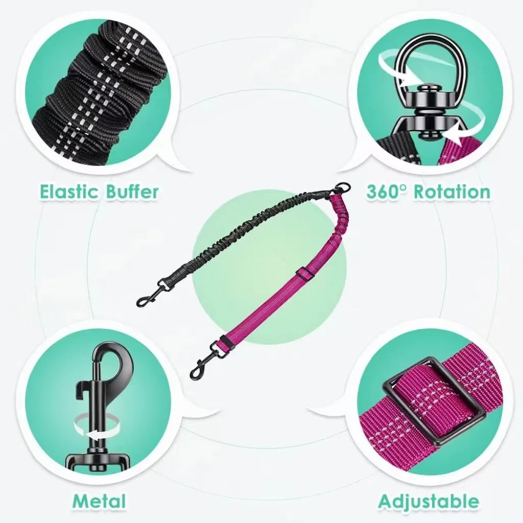 Dual Dog Leash Attachment -  Shock Absorbing Adjustable Strap