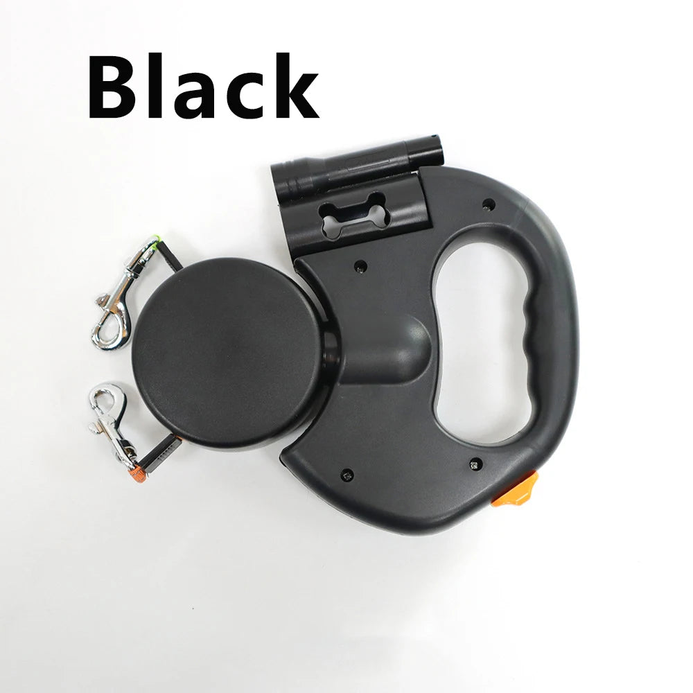 Retractable Dual Dog Leash with LED Light and Poo Bag Holder for Small Dogs