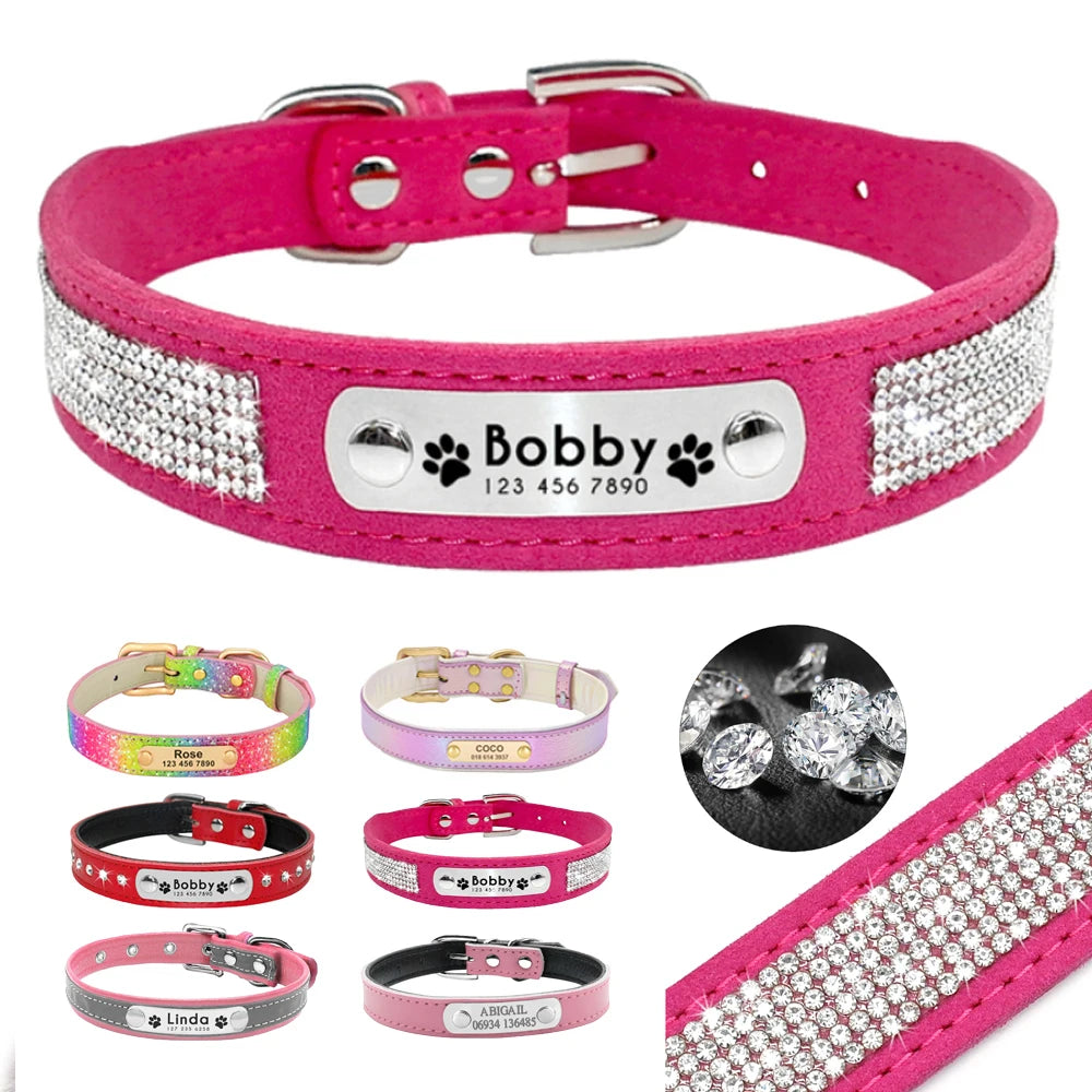 Personalized Dog Cat Collar Adjustable Crystal Rhinestone