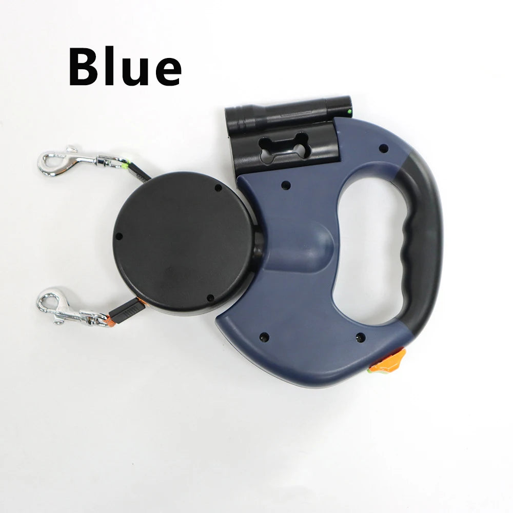 Retractable Dual Dog Leash with LED Light and Poo Bag Holder for Small Dogs