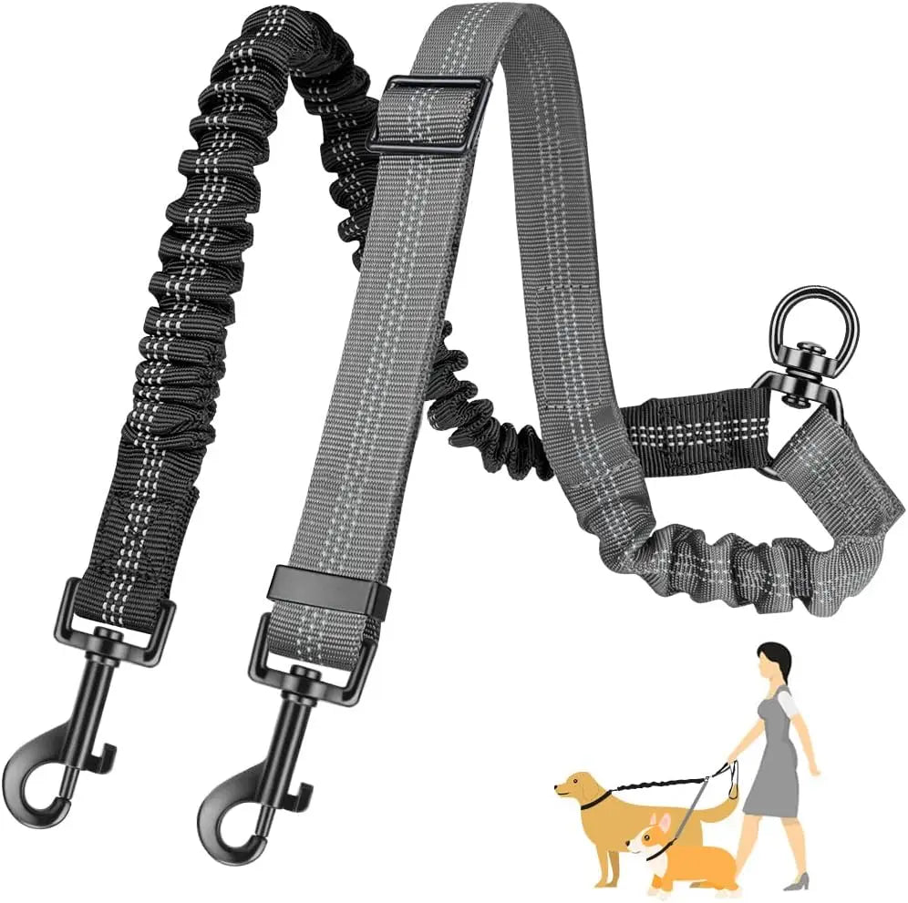 Dual Dog Leash Attachment -  Shock Absorbing Adjustable Strap