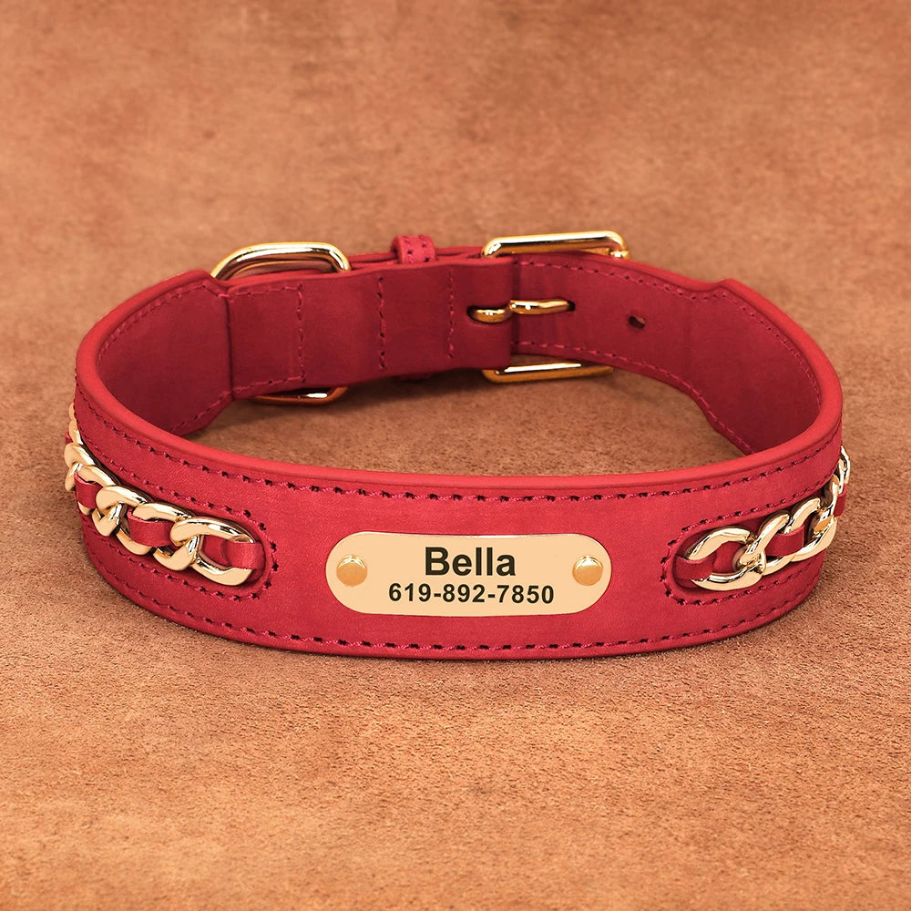 Custom Leather Dog Collar with Personalized ID Tag Nameplate