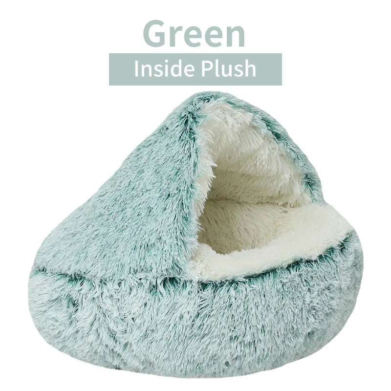 Cozy winter green long plush cat bed