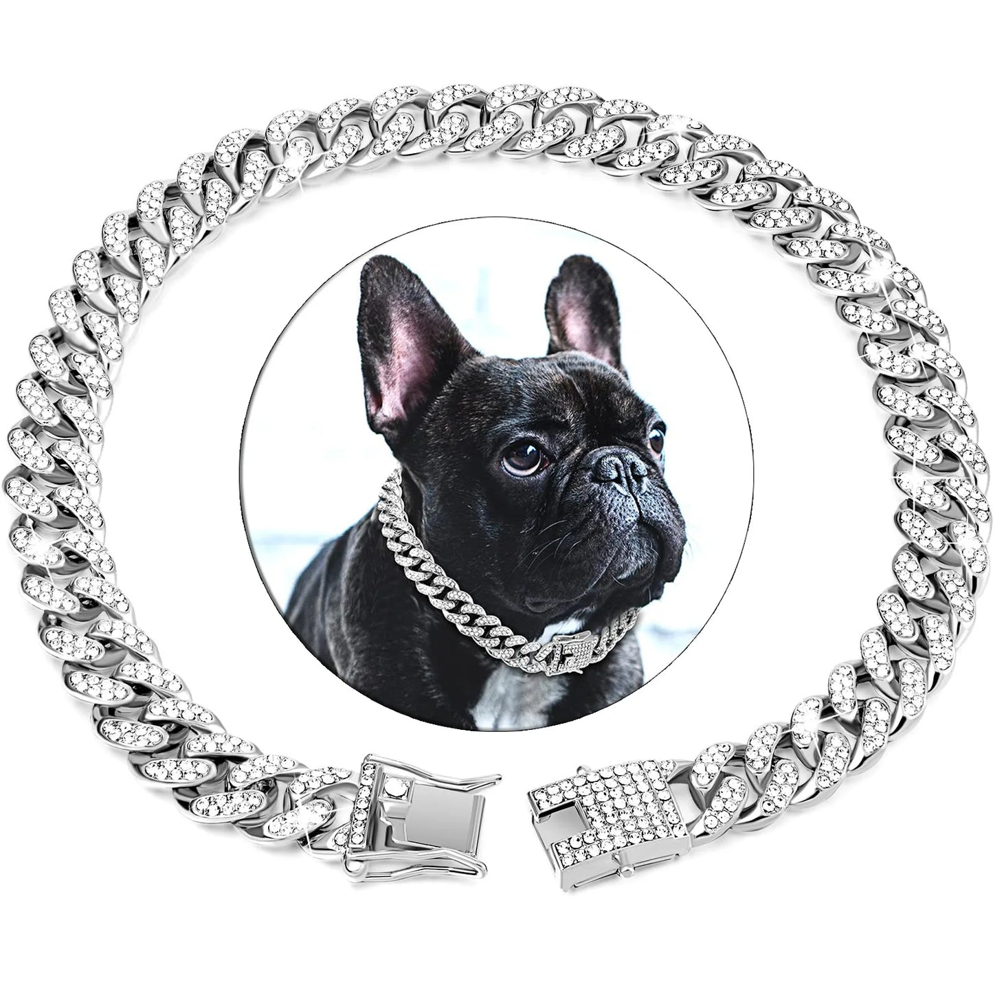 Silver diamond cuban link chain collar dog and cat