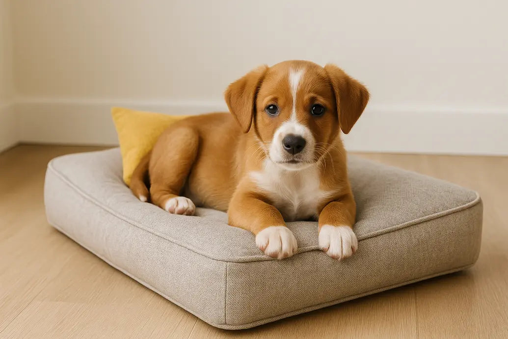 puppy resting on dog bed