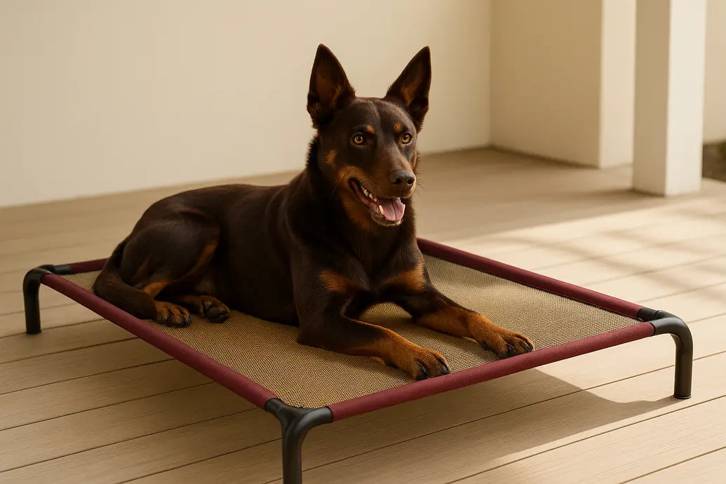 Kelpie on raised bed