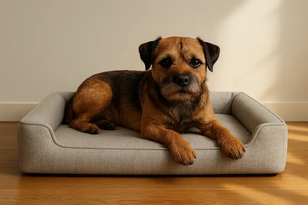 Border Terrier on dog bed