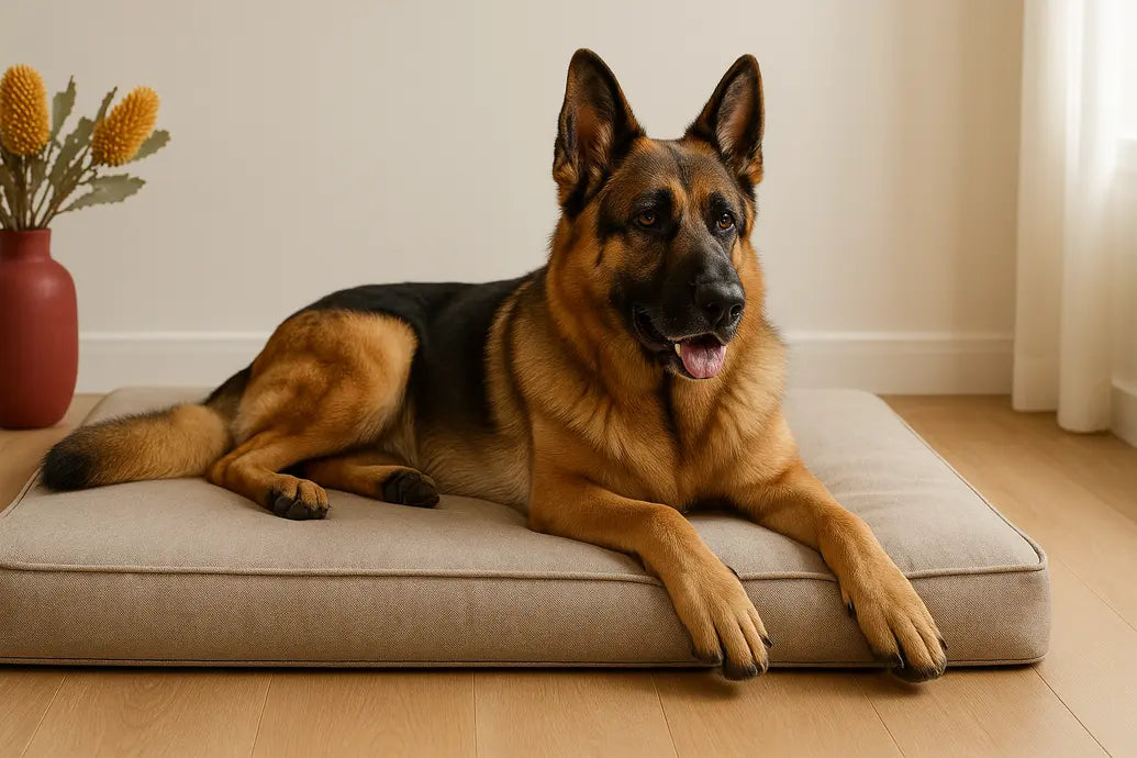 German Shepherd on XXL bed