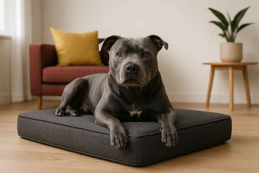 Staffy on orthopedic bed