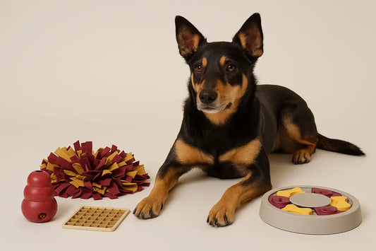 Dog with enrichment toys