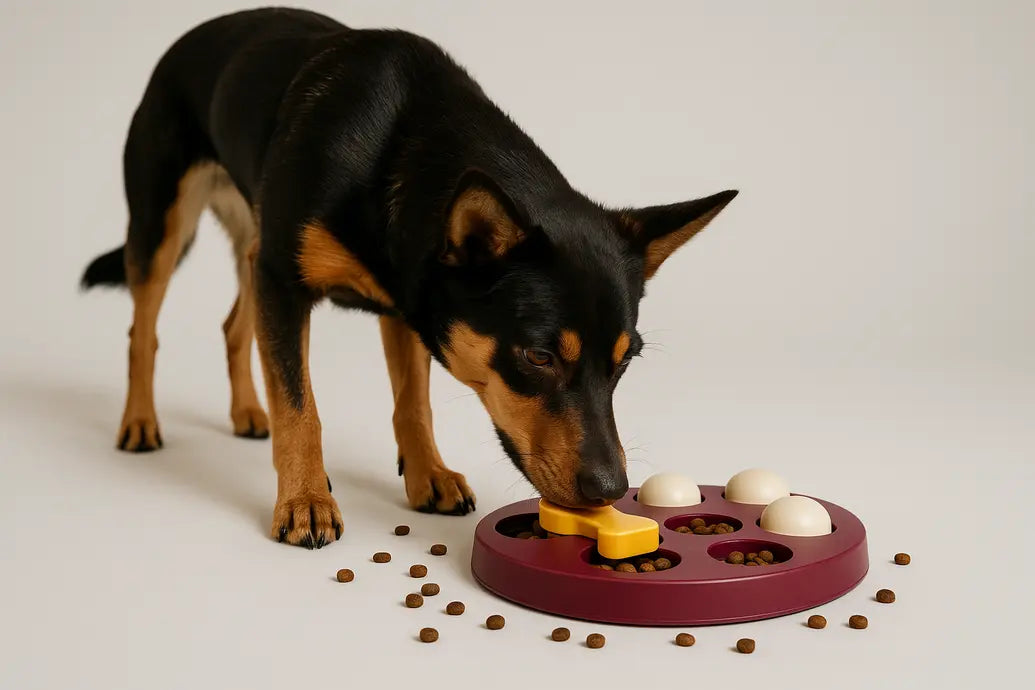 Dog using puzzle feeder