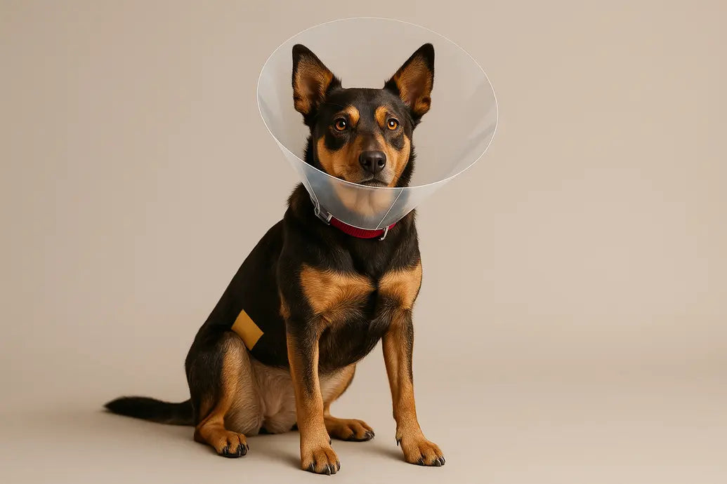 Dog wearing recovery cone