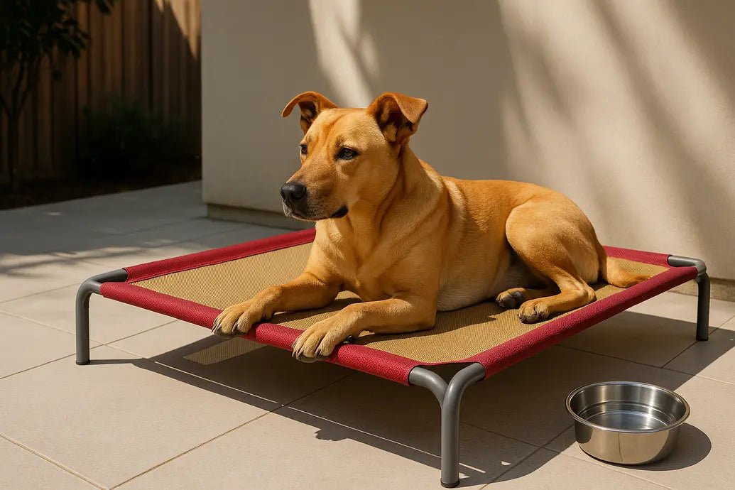 Dog on elevated outdoor bed