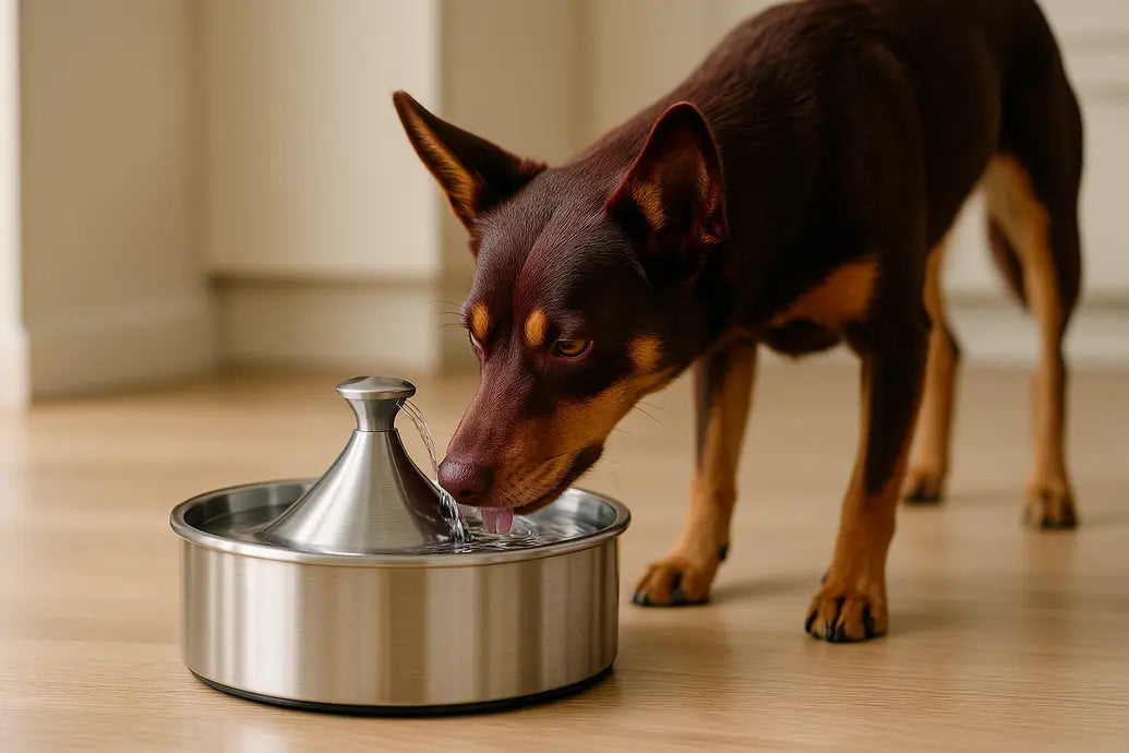 Dog drinking water fountain