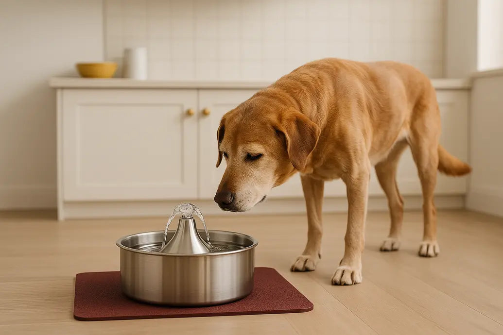Dog drinking water fountain