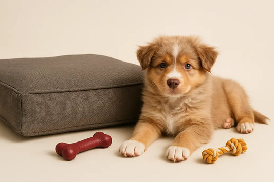 Puppy beside durable dog bed