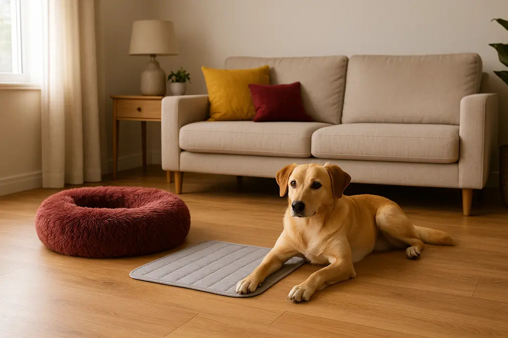 Dog near calming bed