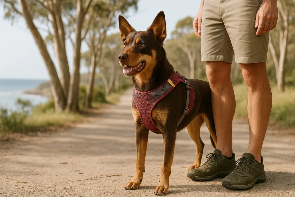 Dog wearing breathable harness
