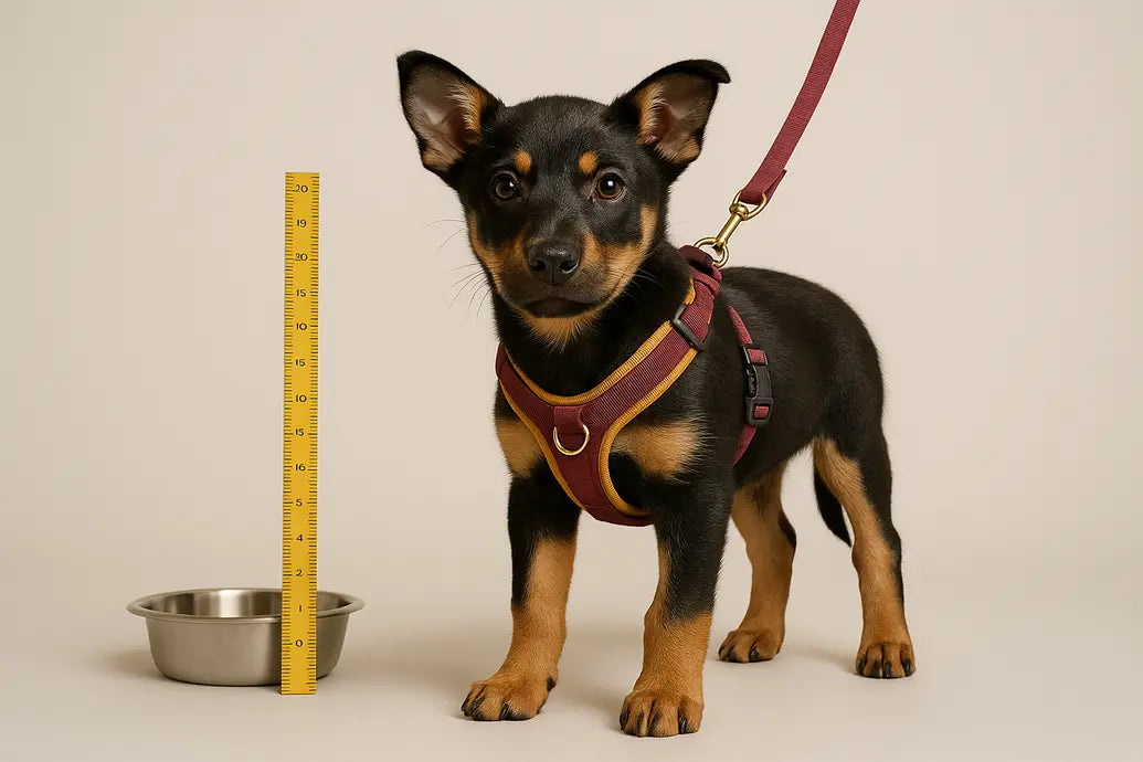 Puppy wearing fitted harness