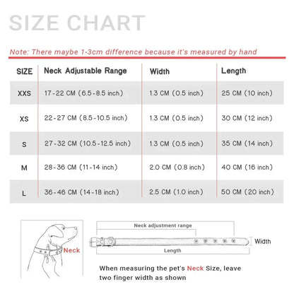 Cat dog collar with different size chart