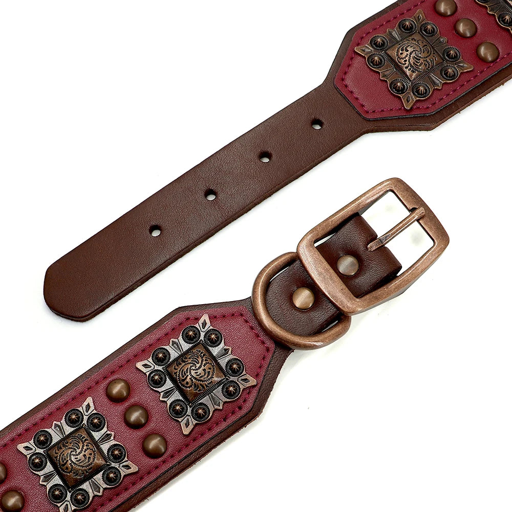 Pure Leather Luxury Metal Rivet Dog Collar and Leash Set For Medium Large Dogs