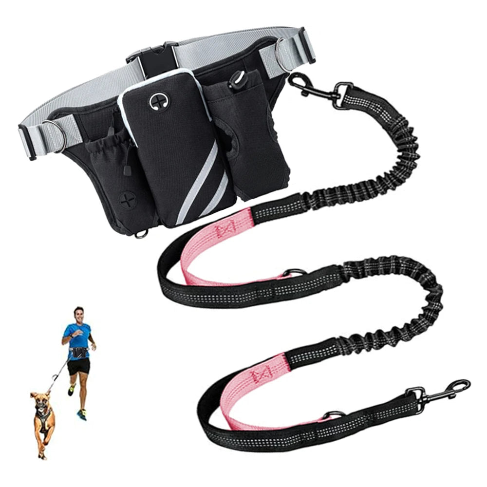 Hands Free Dog Leash For 2 Dogs With Water, Poop Bag Holder and Cell Phone Pouch