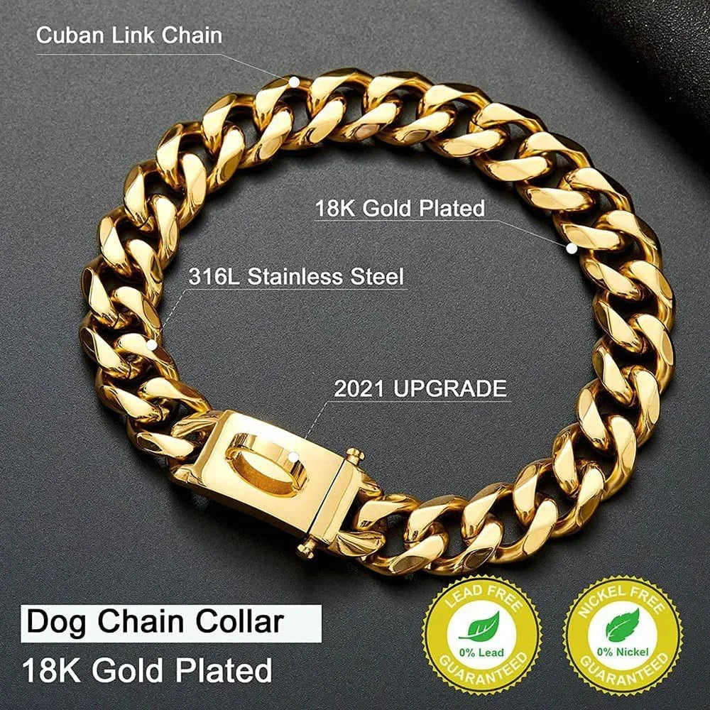 19mm Chain Dog Collar Luxurious Golden and Silvery Cuban Link with Secure Snap Buckle