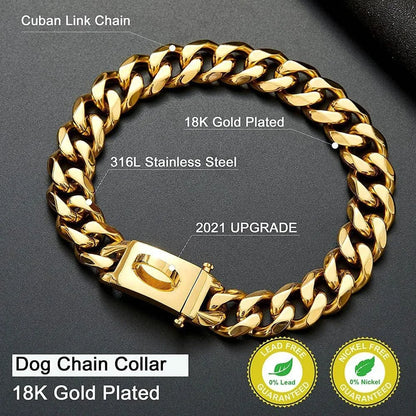 19mm Chain Dog Collar Luxurious Golden and Silvery Cuban Link with Secure Snap Buckle