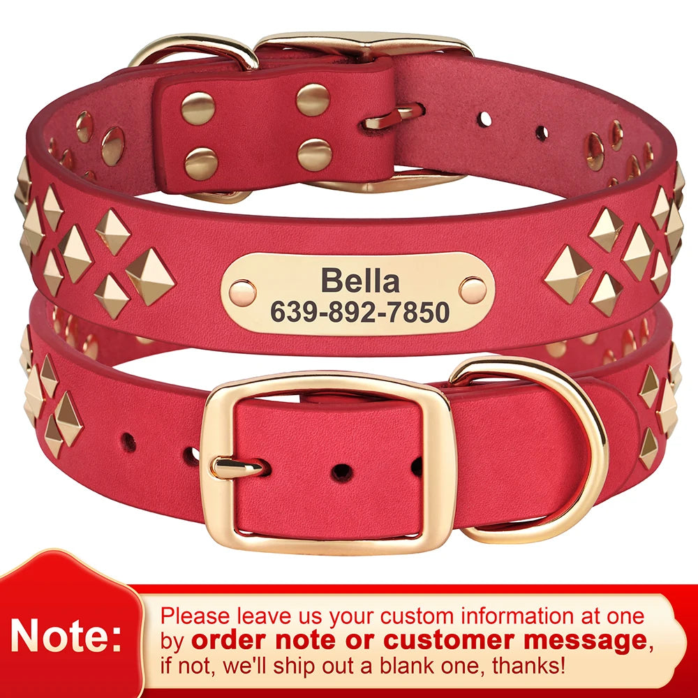 Real Leather Dog Collar Personalised Dog ID Spiked Studded Necklace