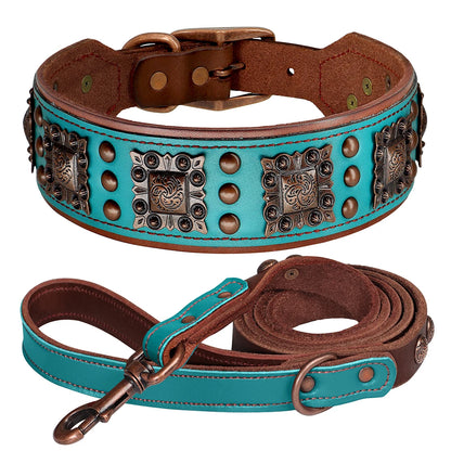 Pure Leather Luxury Metal Rivet Dog Collar and Leash Set For Medium Large Dogs