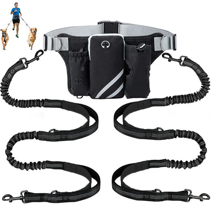 Hands Free Dog Leash For 2 Dogs With Water, Poop Bag Holder and Cell Phone Pouch