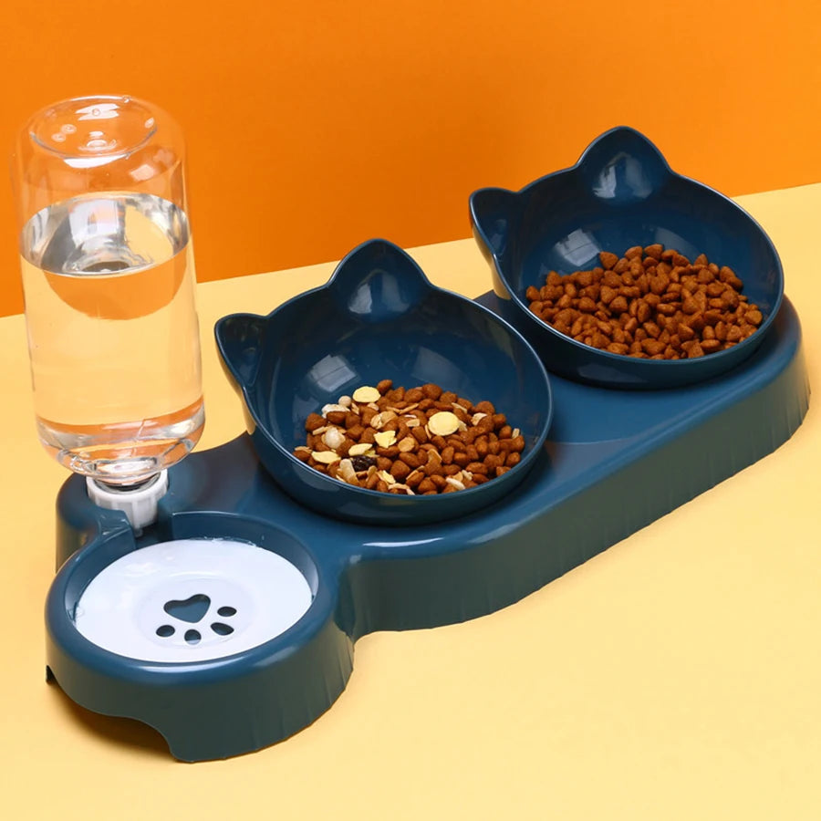 Deep blue dog food and water bowl