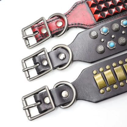 Original Leather Dog Collar 2inch Wide Luxury Riveted Necklace for Medium Large Dogs