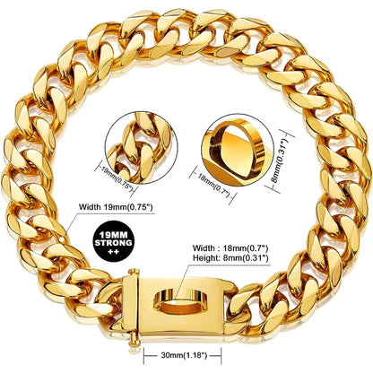 19mm Chain Dog Collar Luxurious Golden and Silvery Cuban Link with Secure Snap Buckle