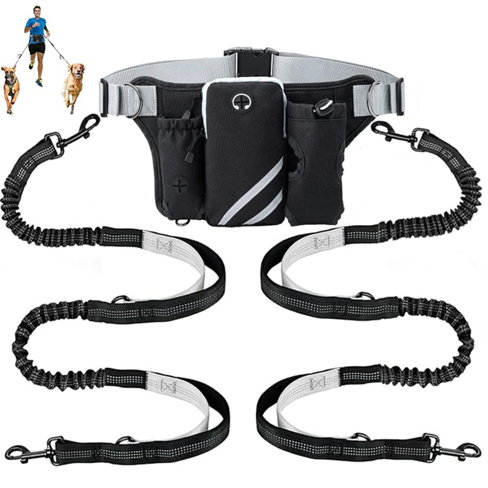 Hands Free Dog Leash For 2 Dogs With Water, Poop Bag Holder and Cell Phone Pouch