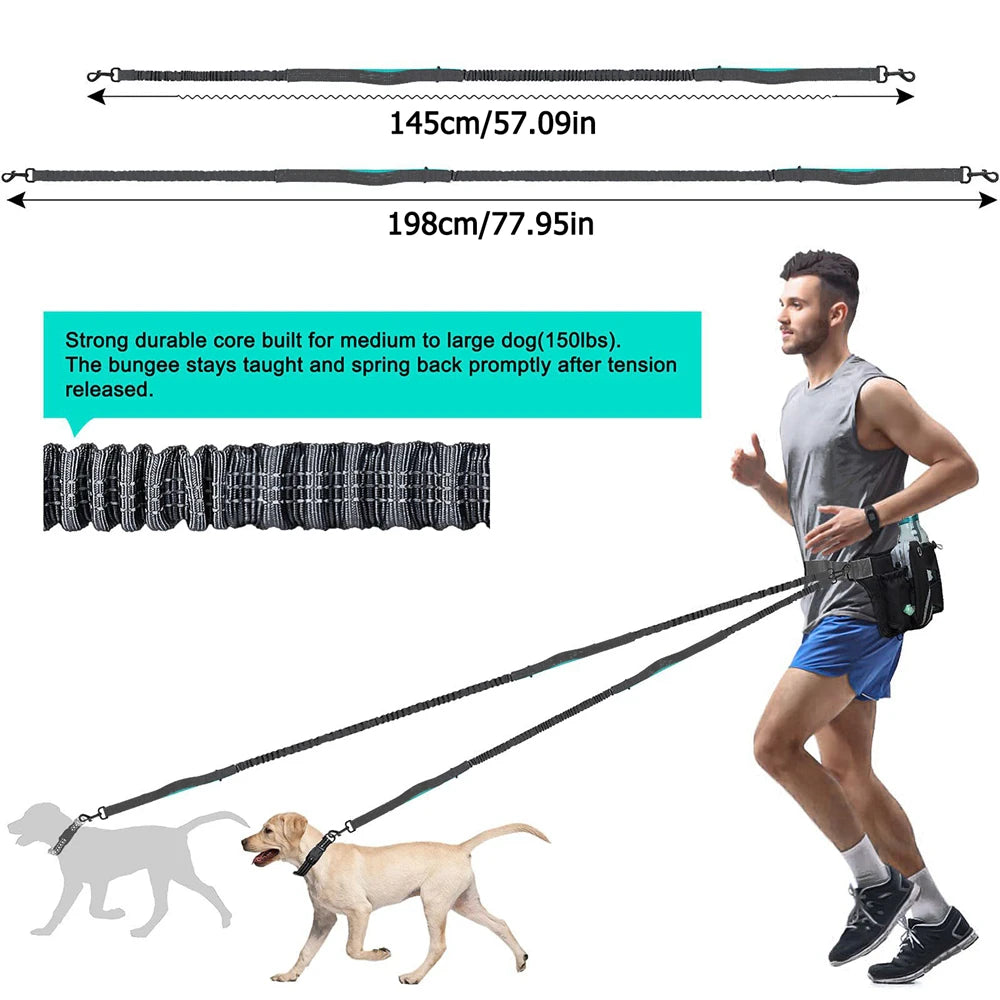 Hands Free Dog Leash For 2 Dogs With Water, Poop Bag Holder and Cell Phone Pouch