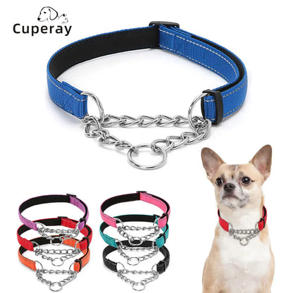 Stainless Steel Chain Martingale Dog Collar - Reflective Nylon Fabric Dog Collars